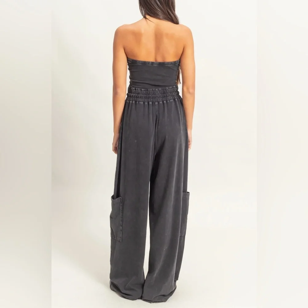NWT Washed Cotton Tube Top Strapless Drawstring Cargo Pocket Wide Leg Jumpsuit - Picture 4 of 6